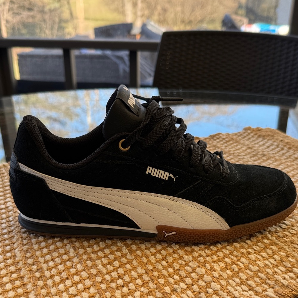 Puma Black Suede Sneakers with White Formstrip and Gum Outsole